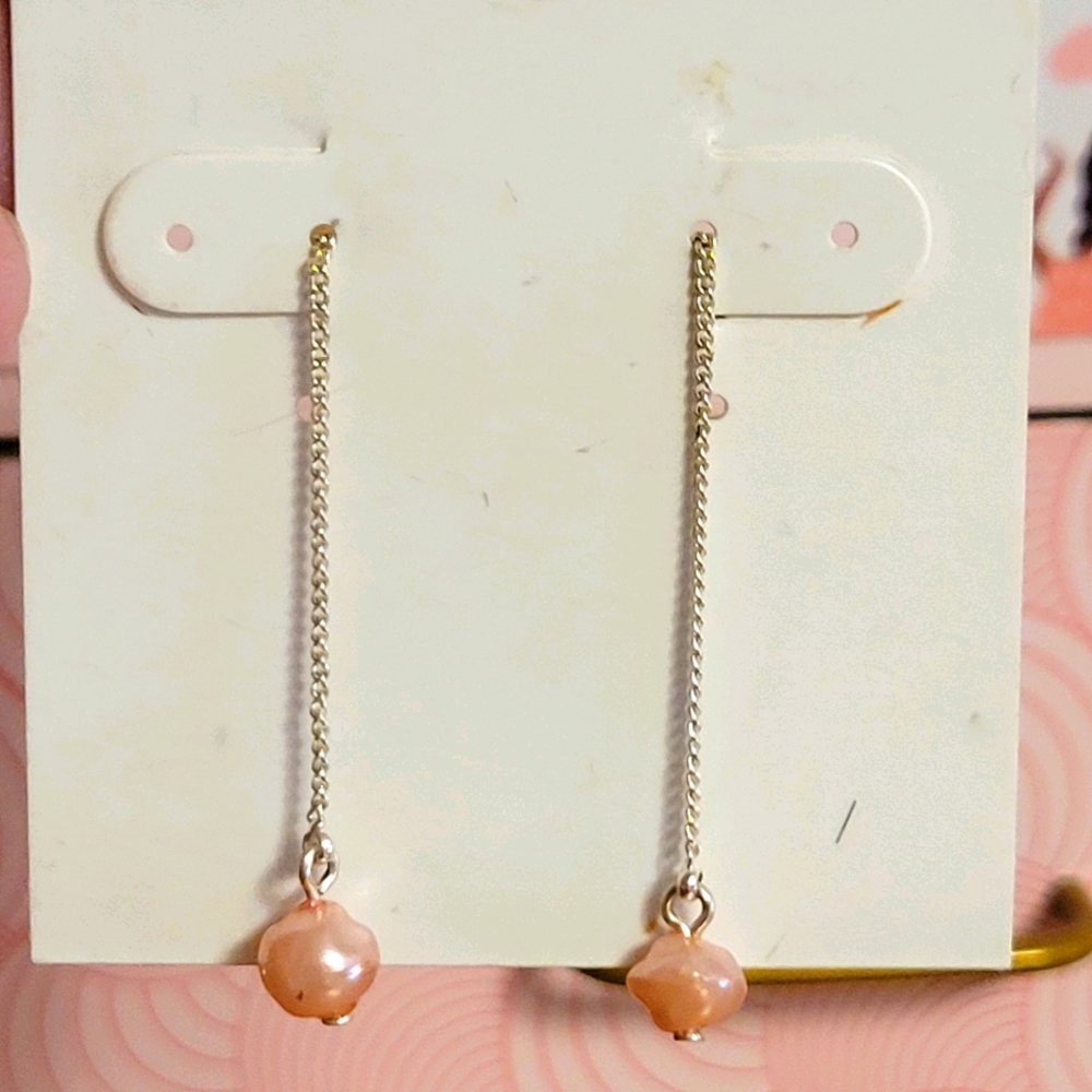 Long silver chain earrings w/ pink bead
